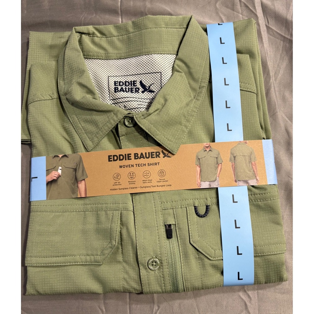 Eddie Bauer Mens Woven Tech Shirt Green Short Sleeve Fishing Utility EB011287 L